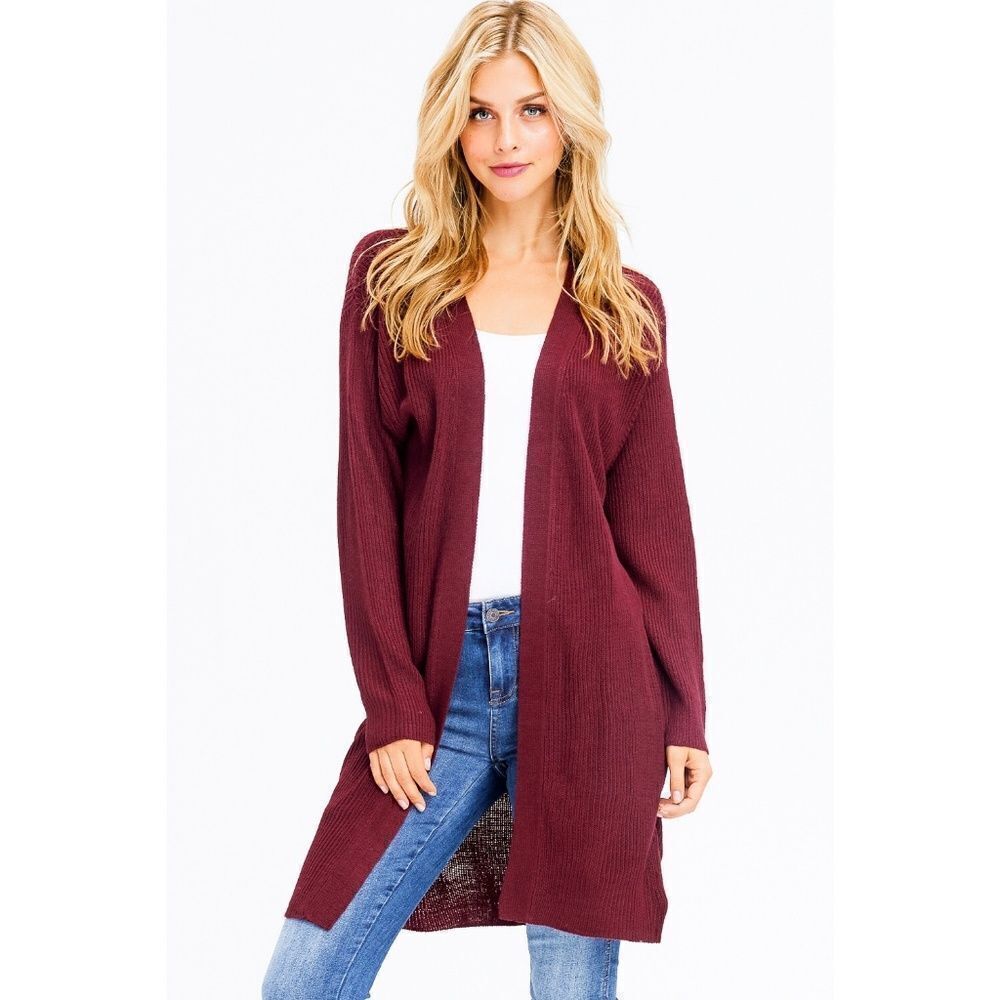 Burgundy Ribbed Open Front Duster Cardigan- Small - Picture 3 of 6
